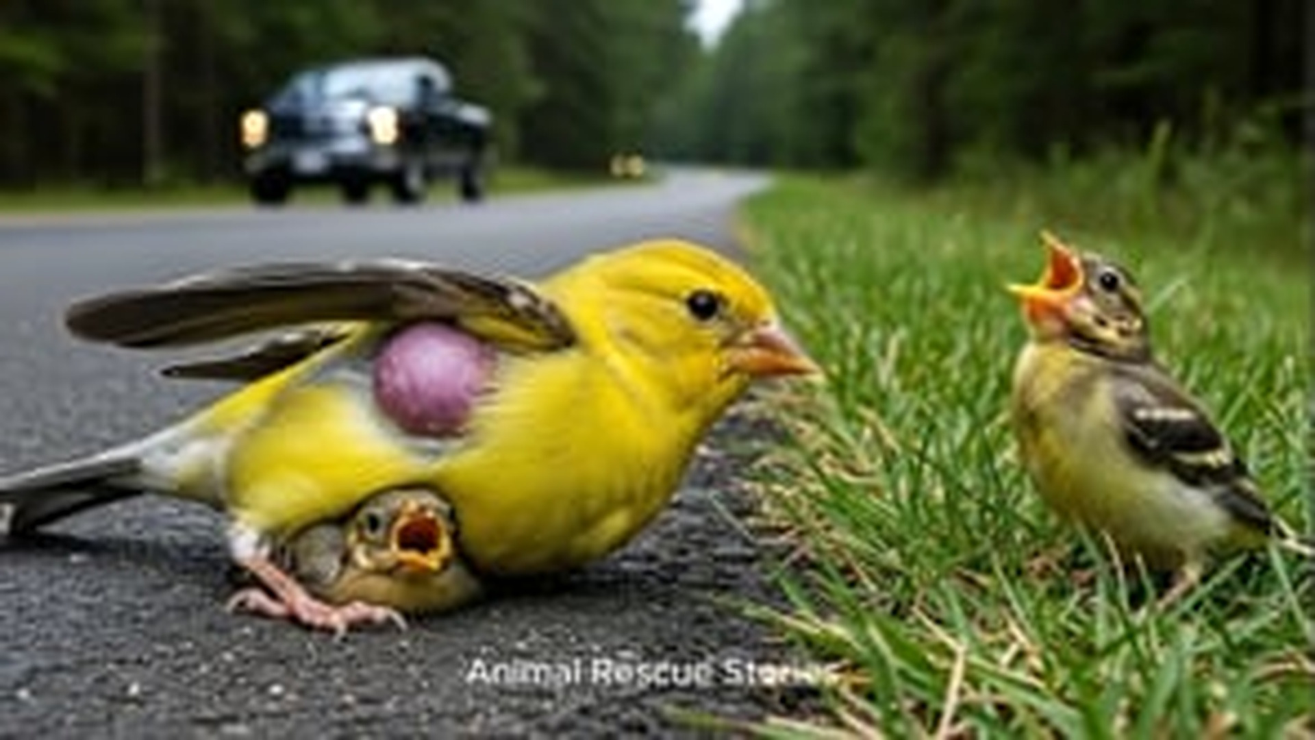 N0606142_Rescuing an injured oriole by roadside, while her chick cries help beside her