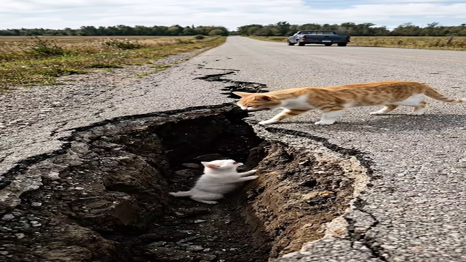 Full Video : N1606052_Brave Cop Saves Tiny Kitten Deep Road Crack
