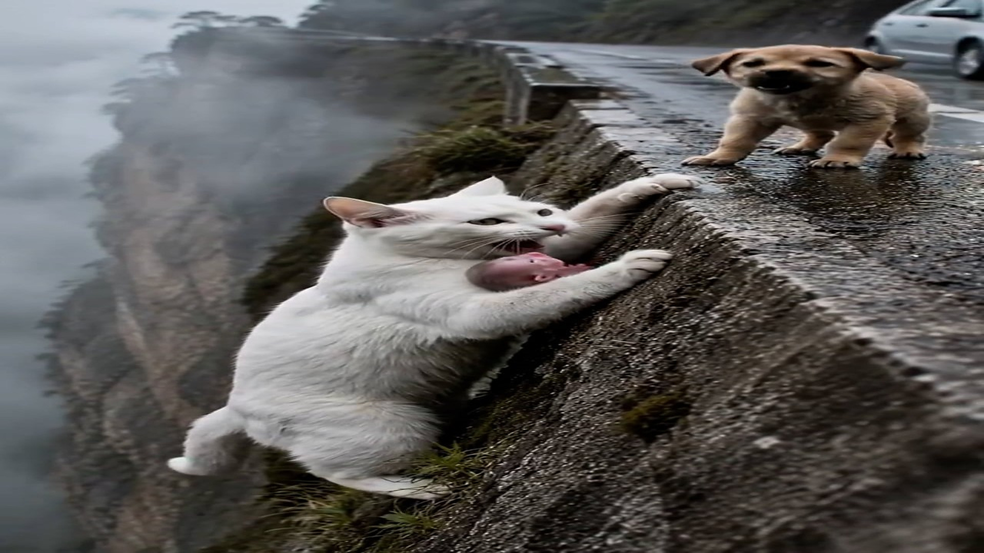 Full Video : N2606033_K please help Hanging edge of a cliff while carrying her kitte